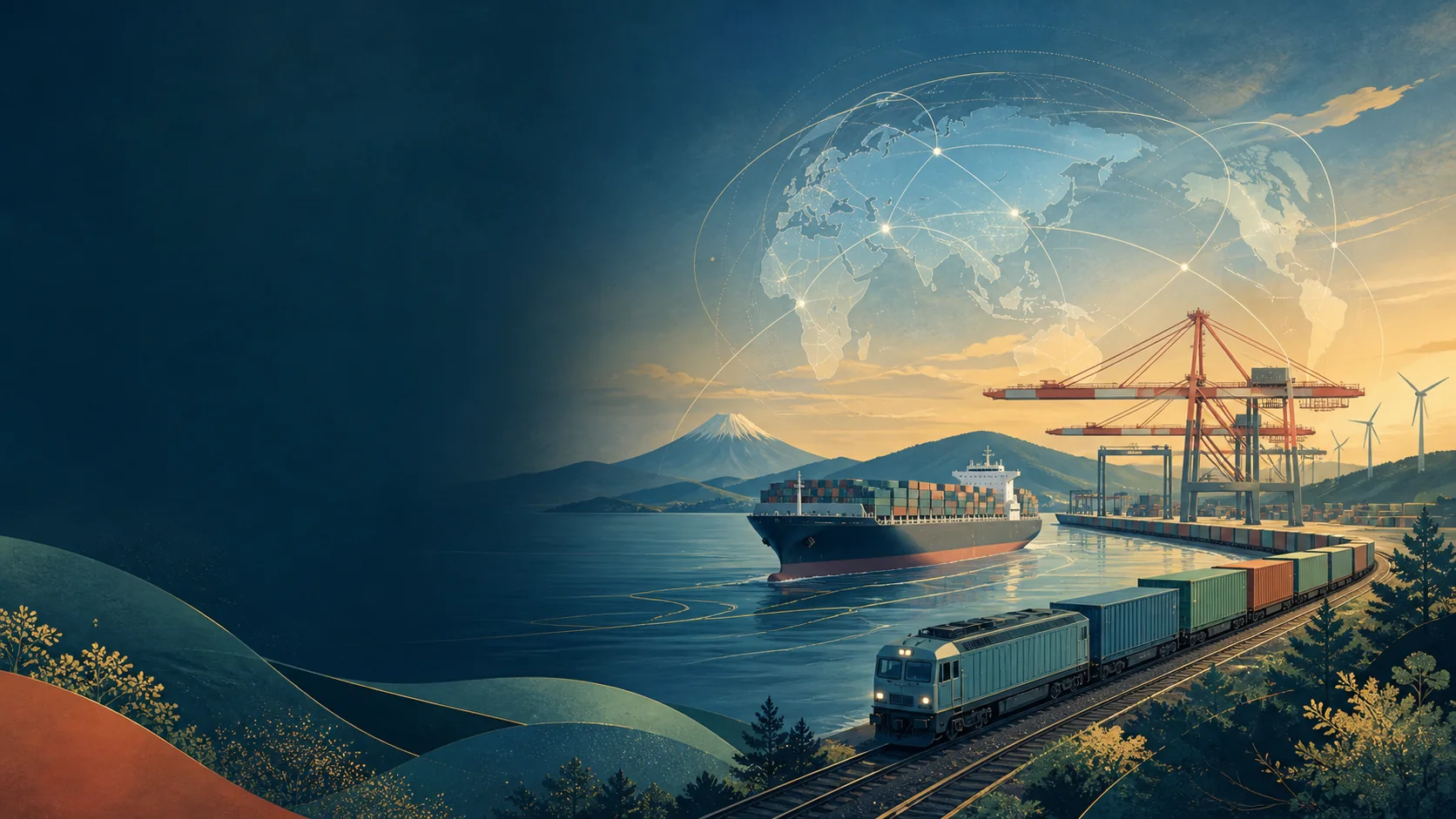 船と鉄道と再生可能エネルギーを組み合わせた国際物流のイラスト